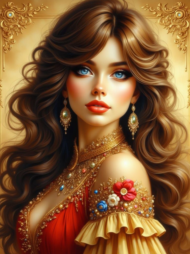 Armenian Girl in Traditional Costume, Gouache Style