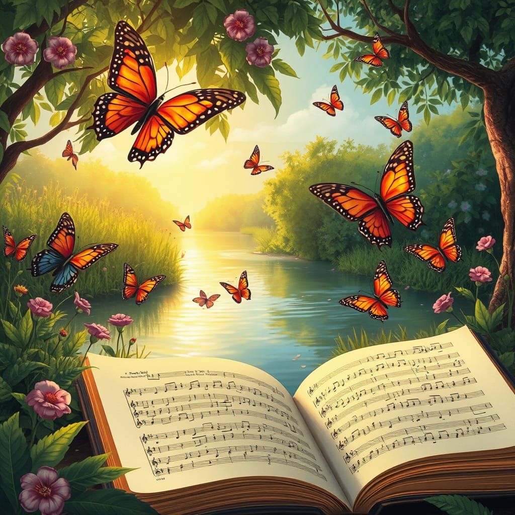 Butterflies, River, and Musical Book in Sunlight