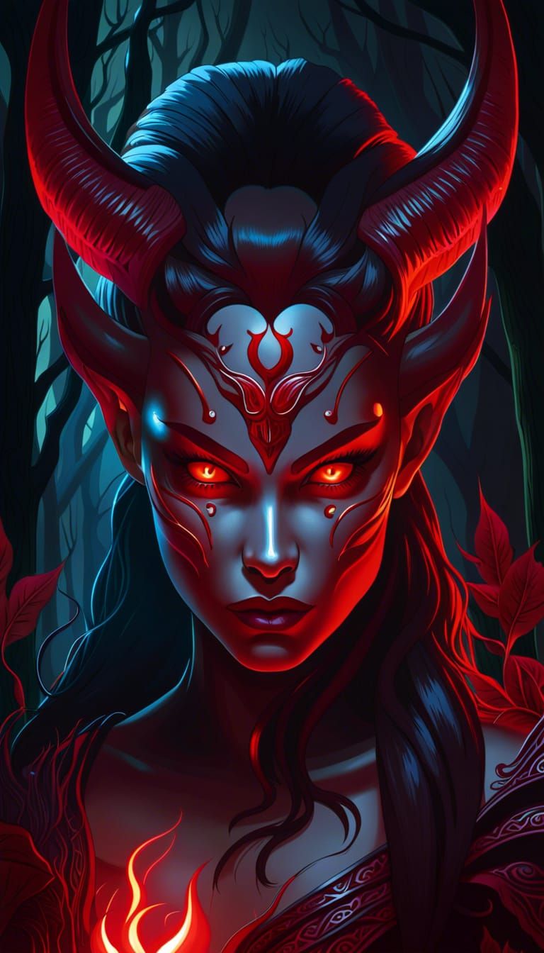 Red-Skinned Demon Woman in Dark Forest