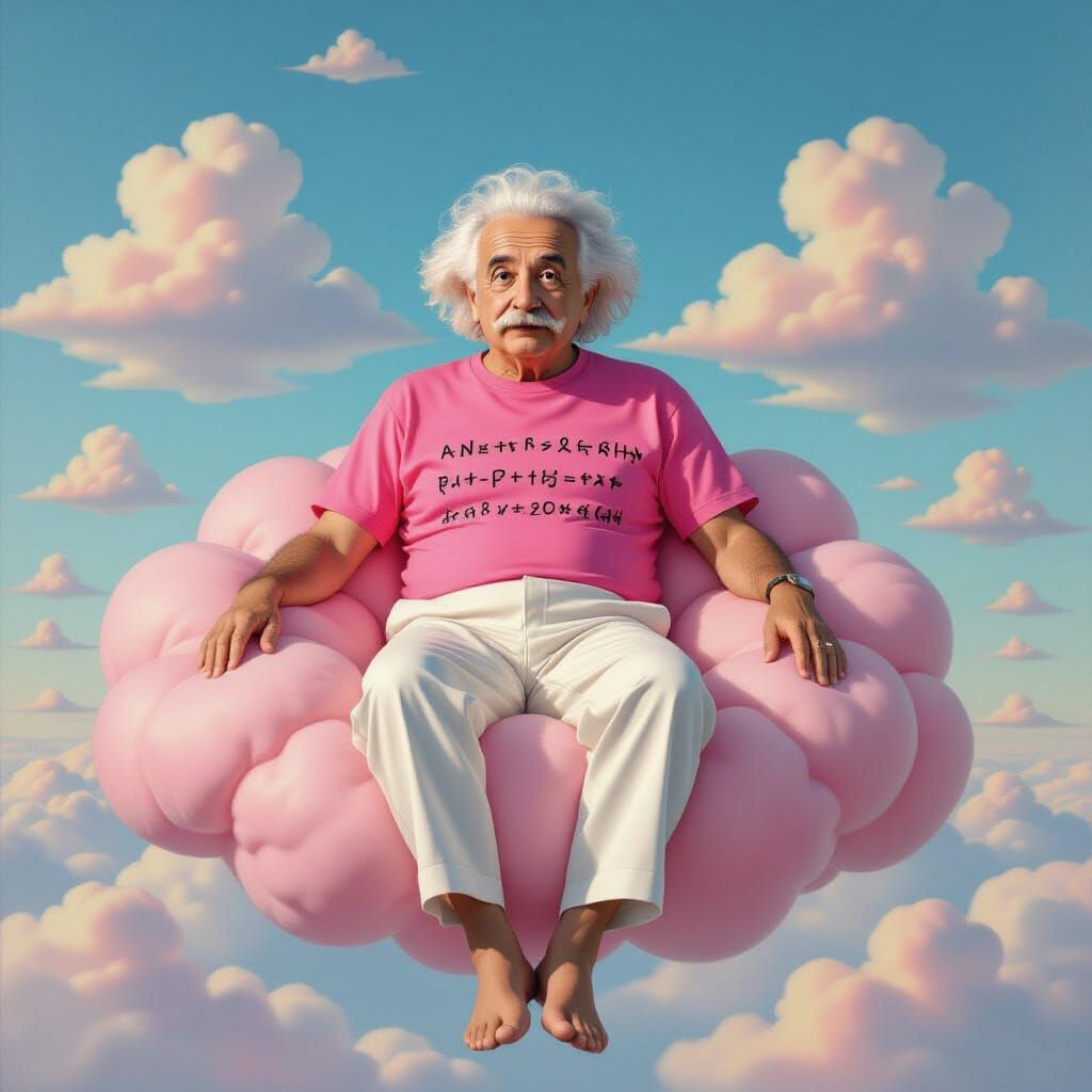 Einstein on Pink Cloud, in Surreal Style