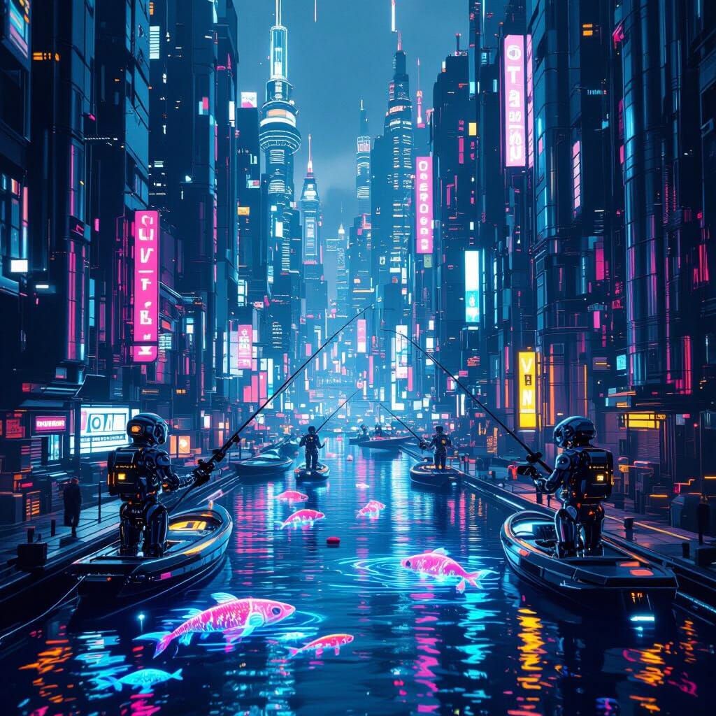 Cyberpunk Cityscape with Robotic Fishermen in Neon Canals