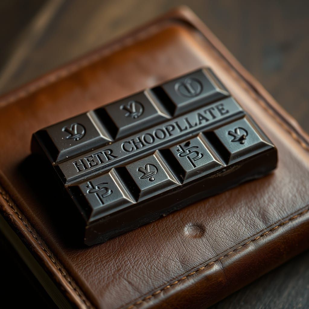 Dark Chocolate Bar on Leather Book, Hyperrealistic Photograp...
