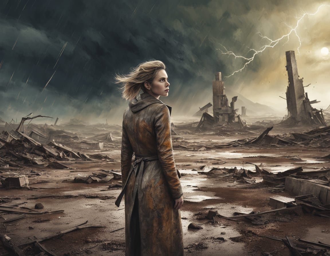 Survivor in Desolate Post-Apocalyptic Landscape