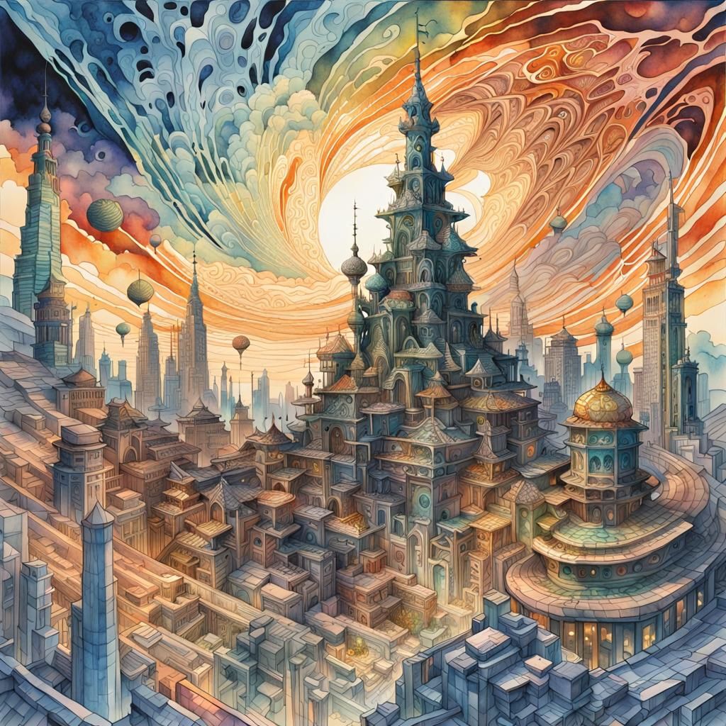 Fantasy City Skyline with Radiowave Vortex