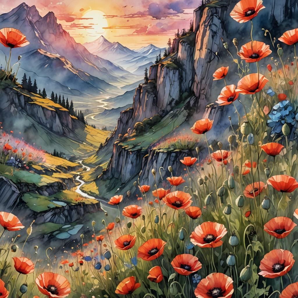 Poppies in Mountain Landscape: Digital Watercolor Art