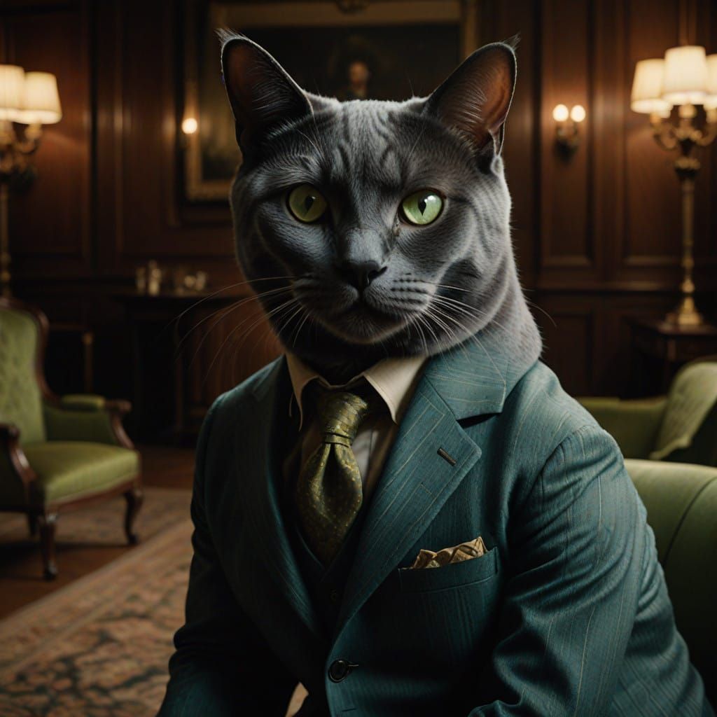 Elegant Feline Gentleman in Dark Herringbone Suit