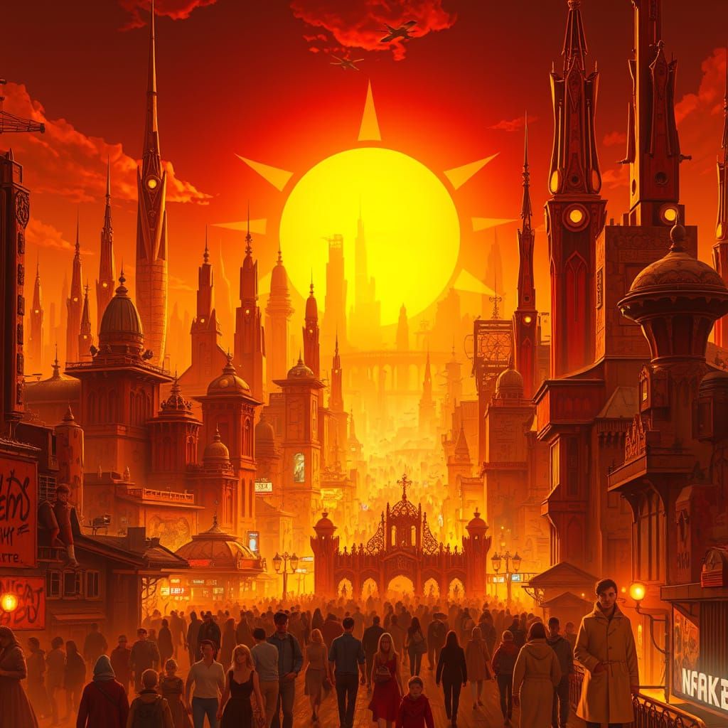 Surreal Sun Worship Metropolis in Cyberpunk Style