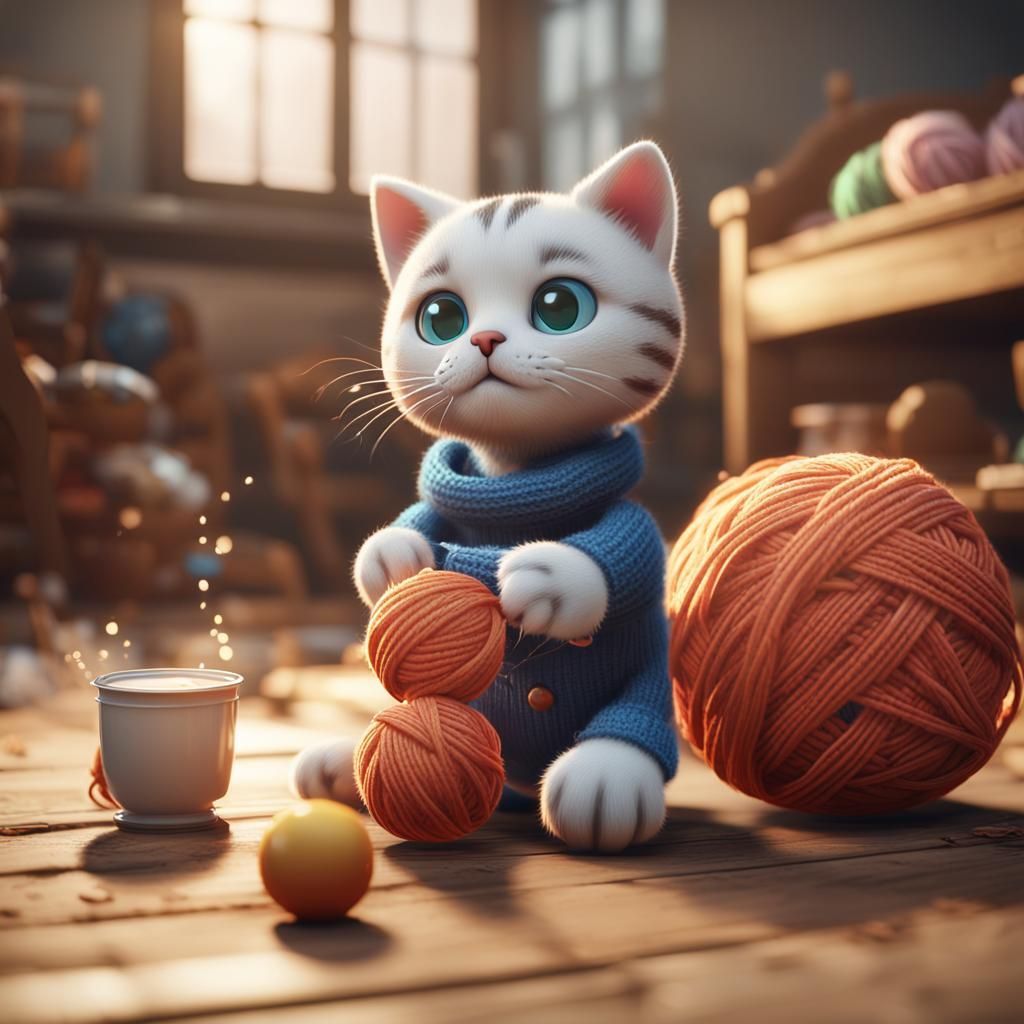 Toy Cat Plays with Yarn: 3D Rendered