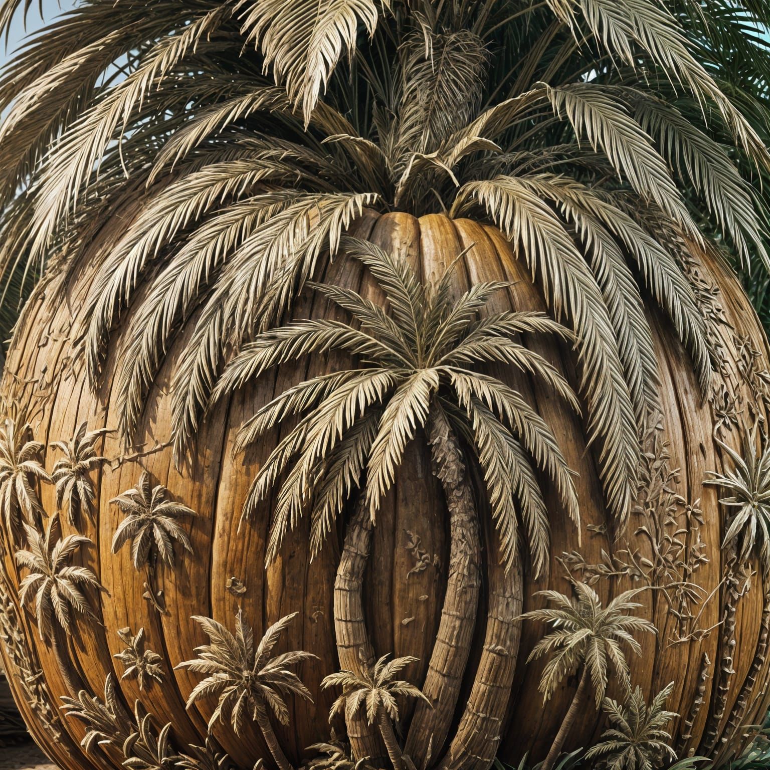 Palm Tree Gourd Carving: Hyperrealistic Beach Scene