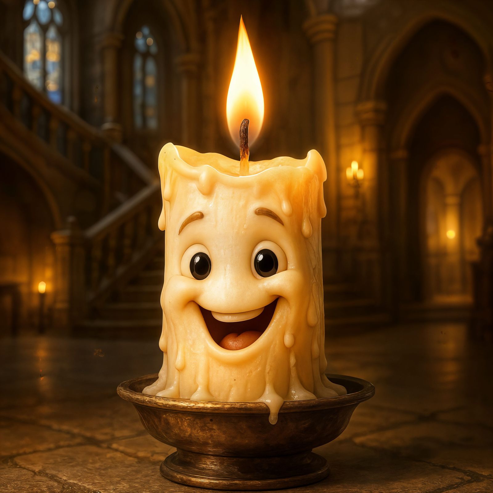 Adorable Smiling Candle in Detailed Castle Interior