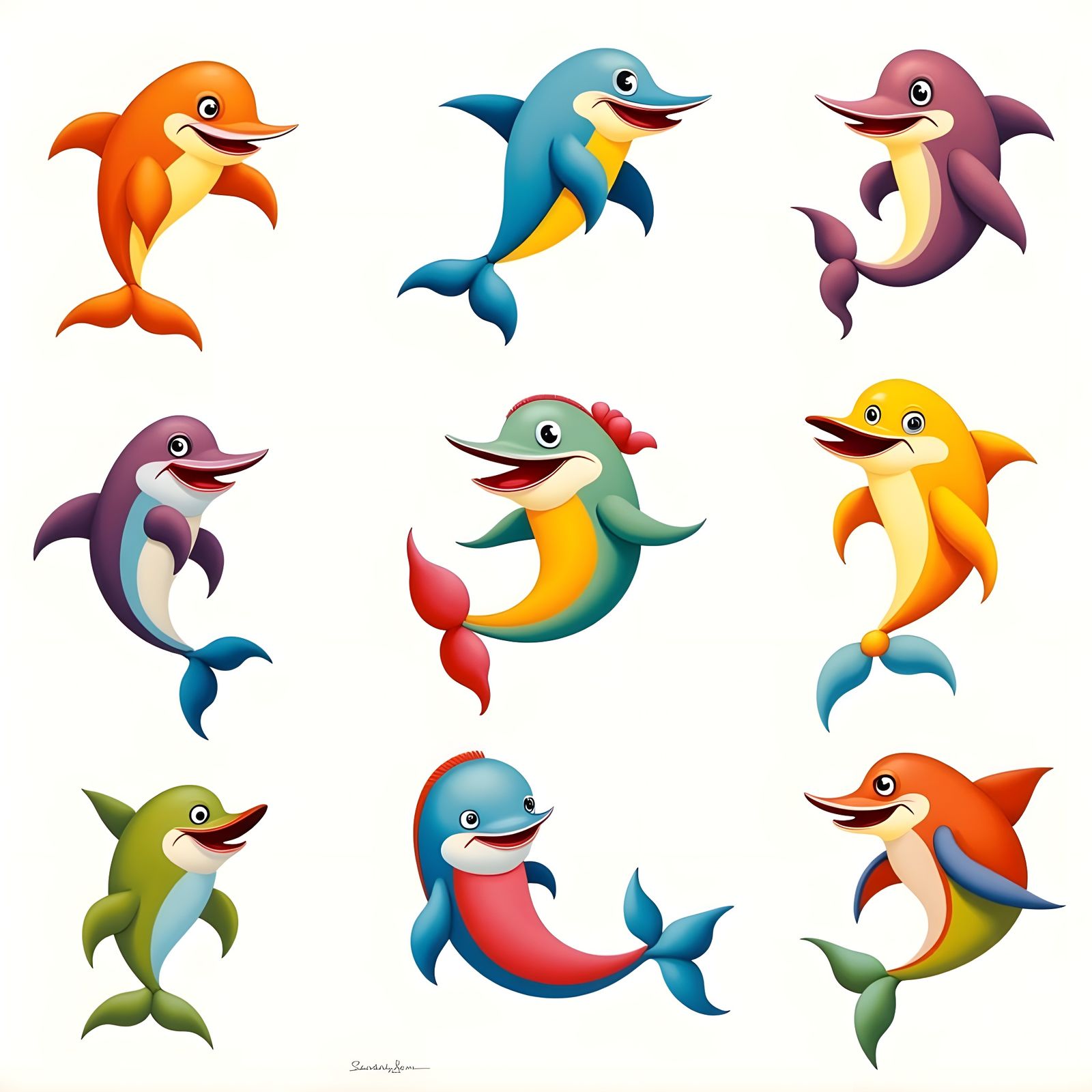 Vibrant Retro Cartoon Dolphins in Fun Positions