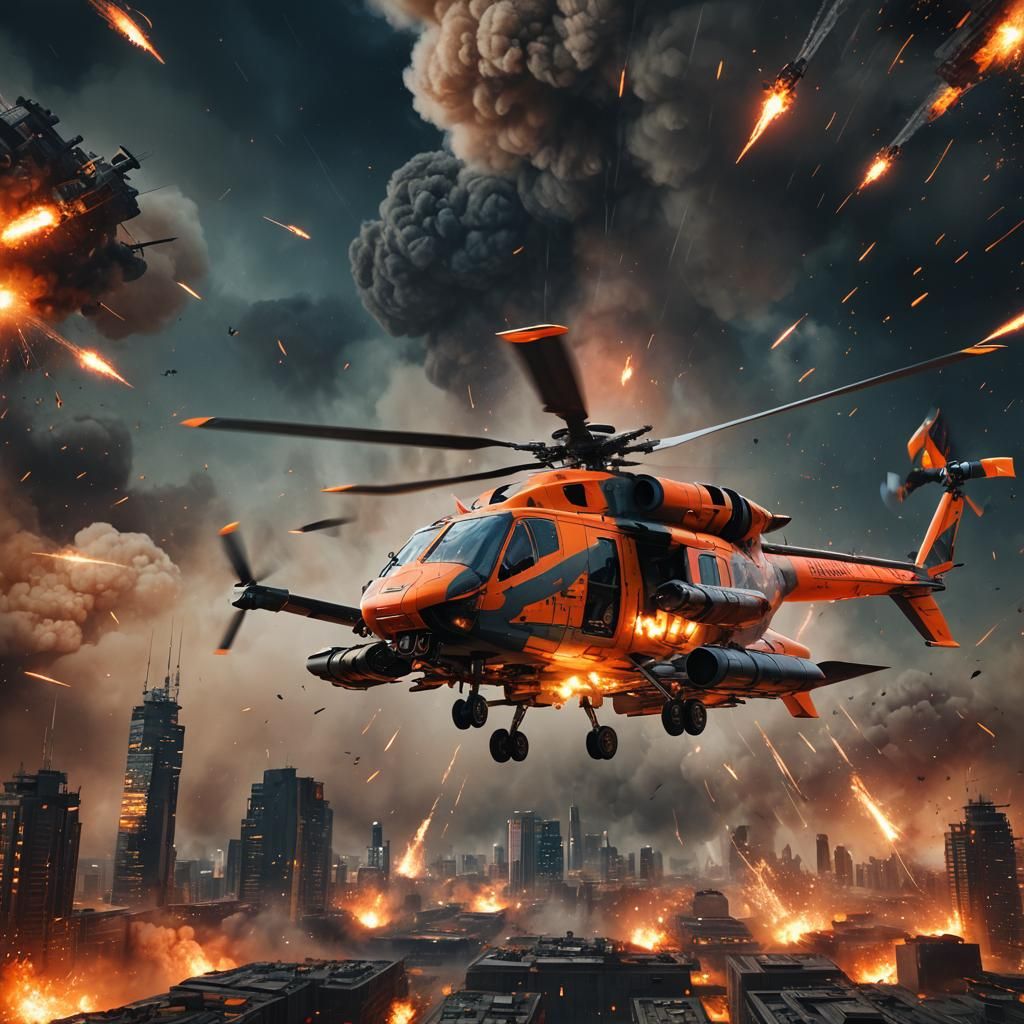 Futuristic Helicopter in Fiery Explosion: Cinematic Digital ...