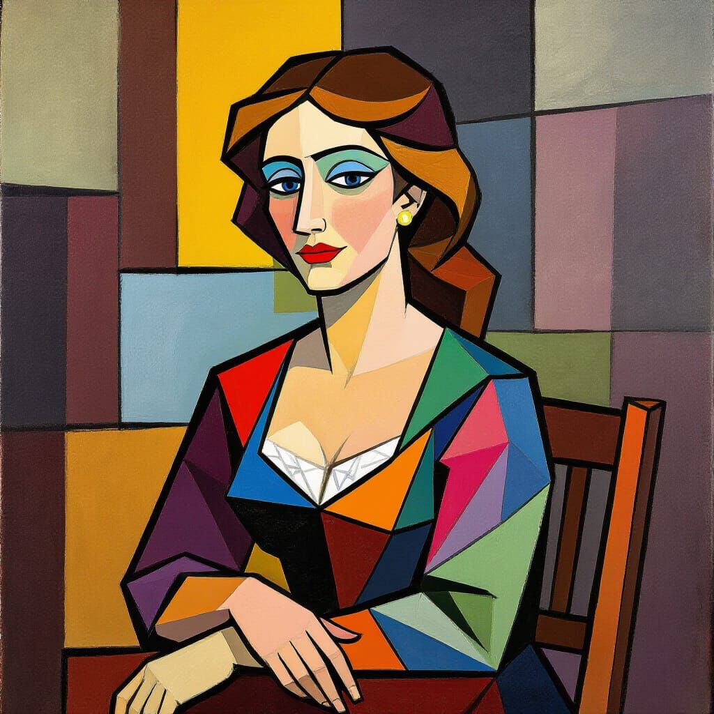 Beautiful Woman Painting in Cubist Style with Geometric Form...