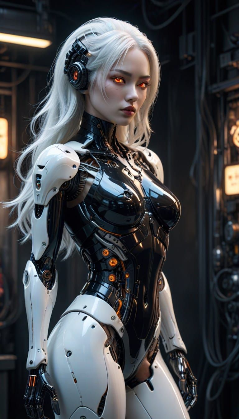 Cyberpunk Gynoid Poses in Biomechanical City
