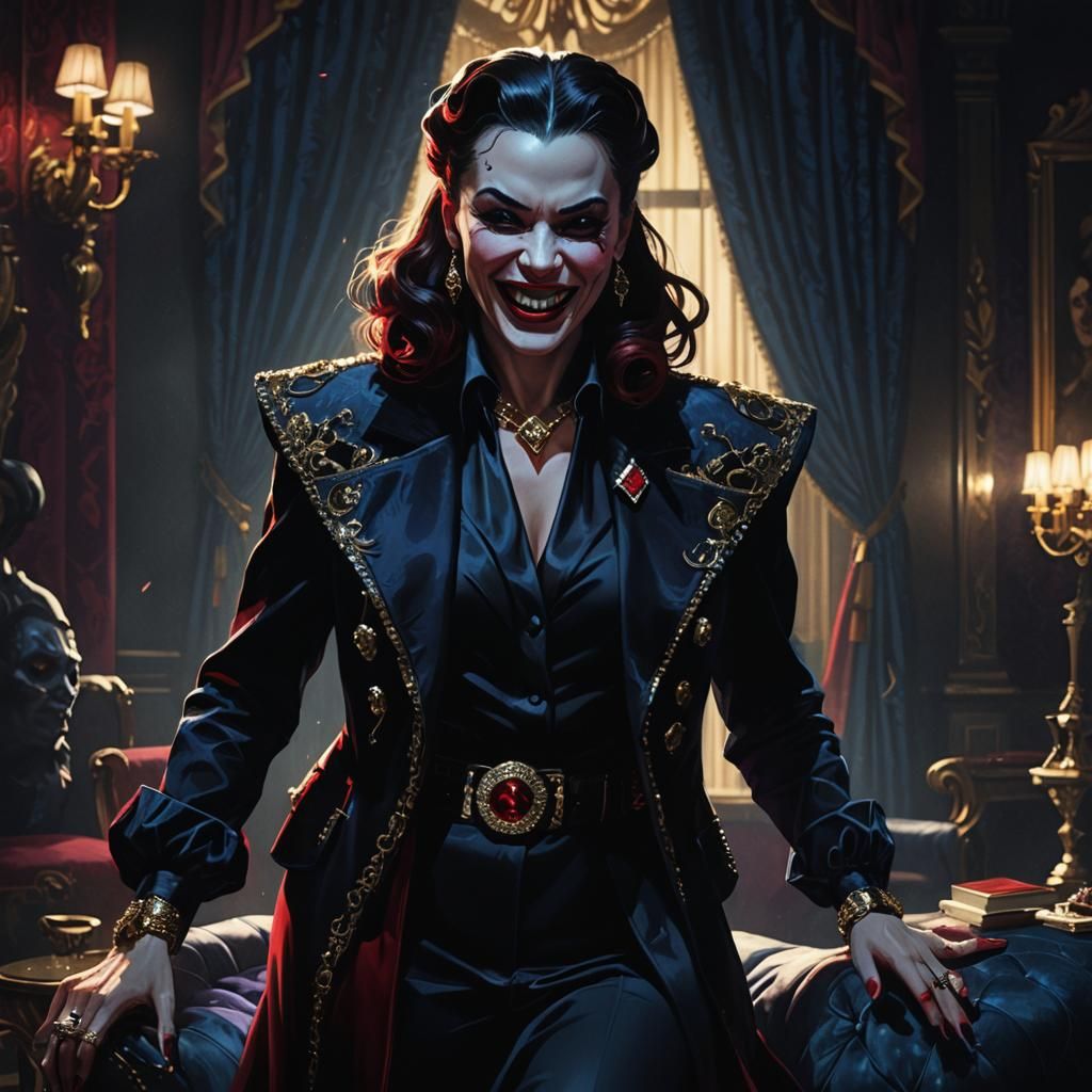 Female Villain in Mansion with Gun as Oil Painting