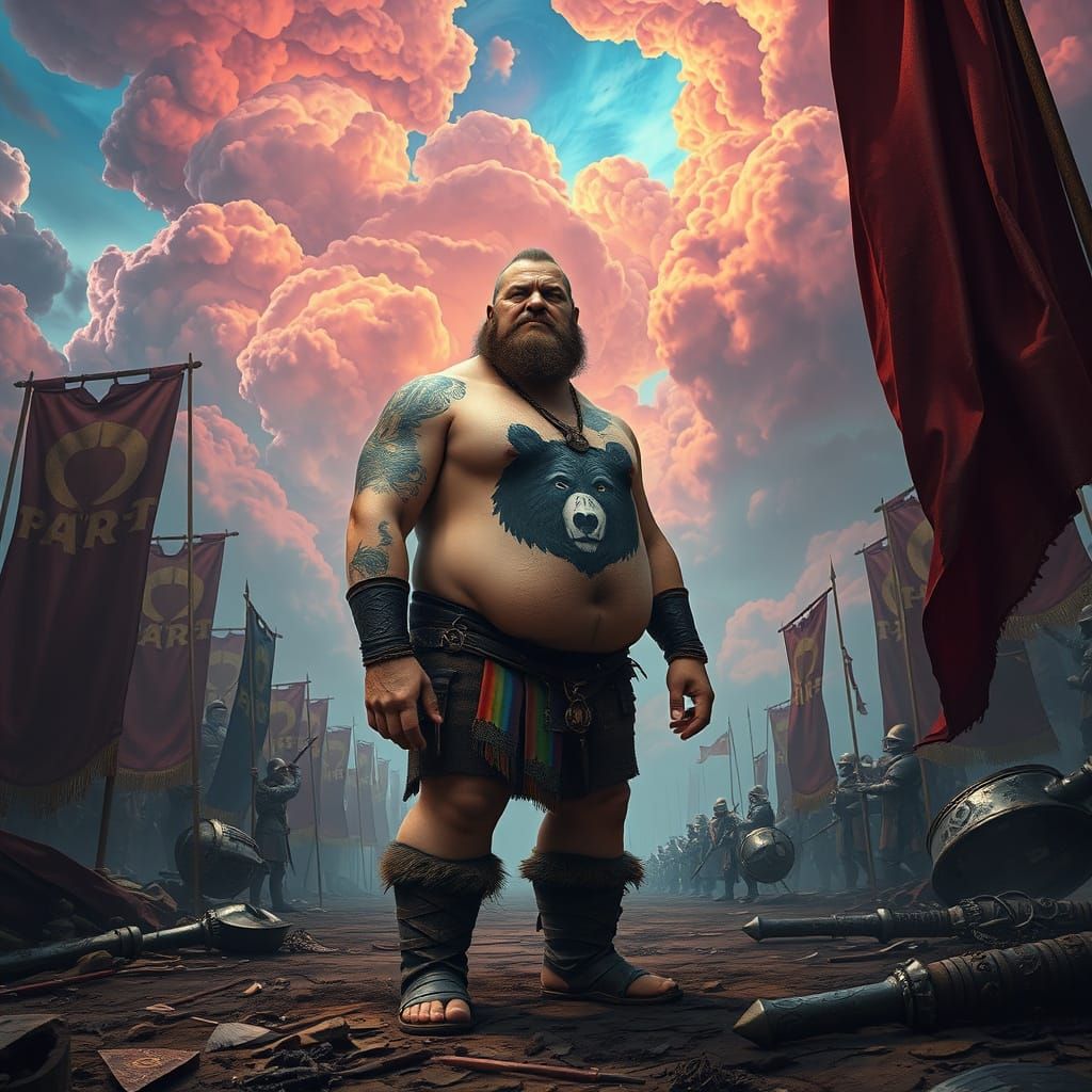 Shirtless Warrior with Psychedelic Clouds in 8K