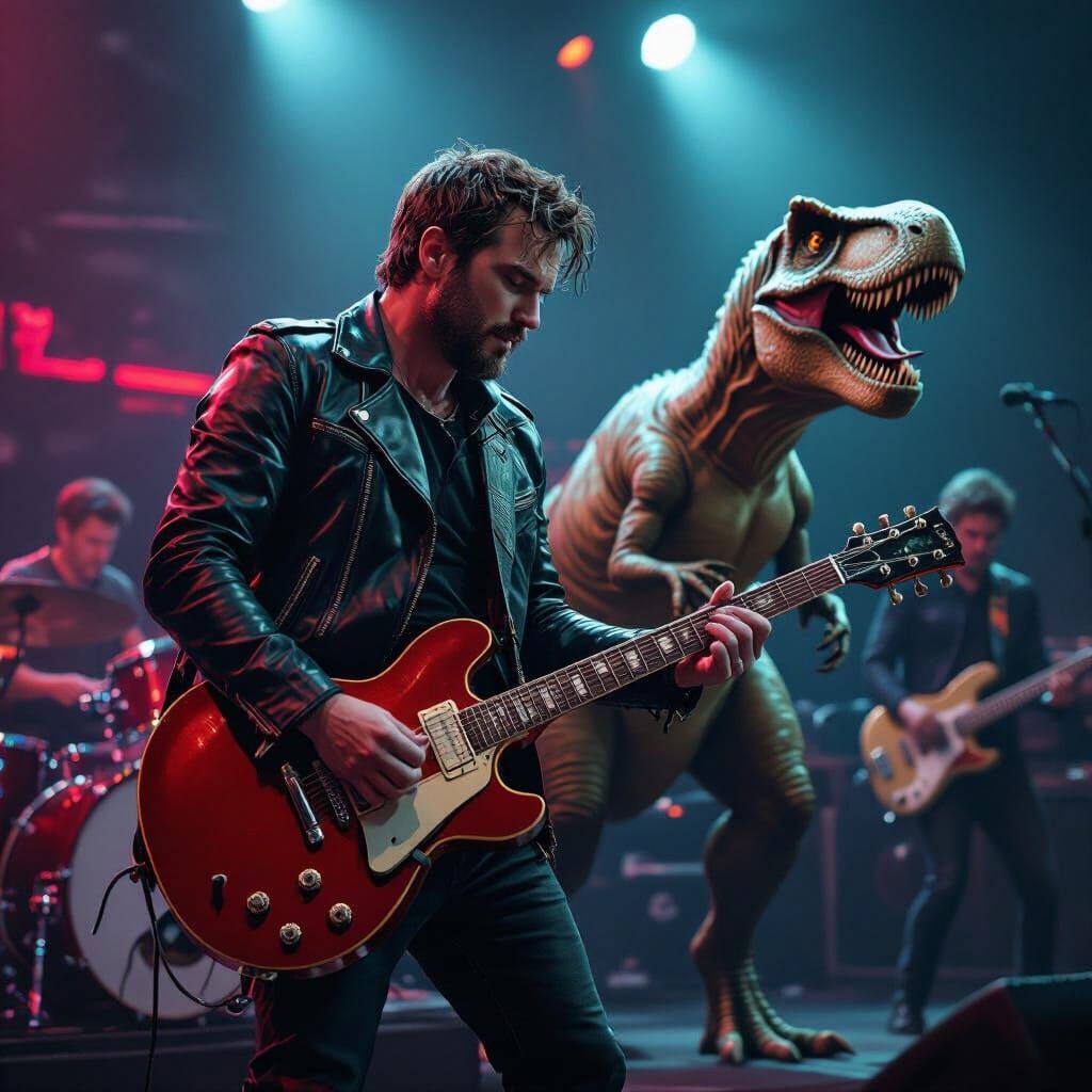 Rock Band Featuring T-Rex in Cyberpunk Style