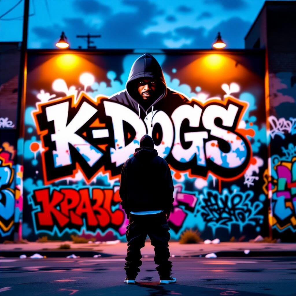 Rapper Before Vibrant Graffiti Mural at Dusk