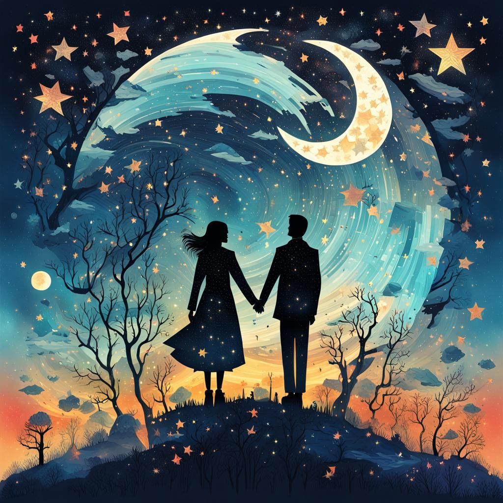 Starry Night Silhouette Collage Art Illustration