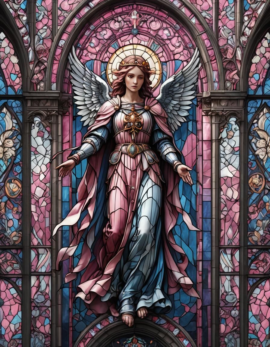 Gothic Stained Glass Angel with Pink and Blue