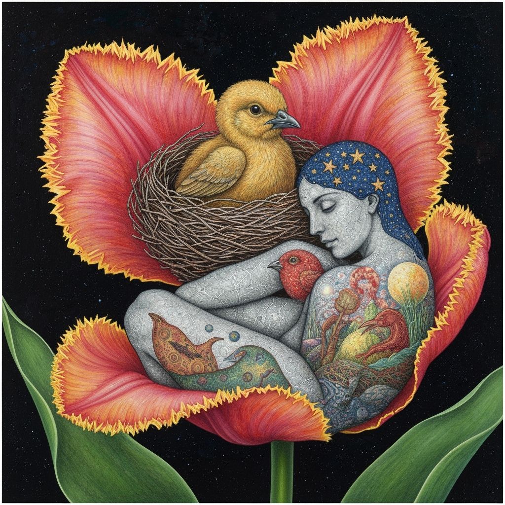 Detailed Painting of Bird in Fringed Tulip Petals