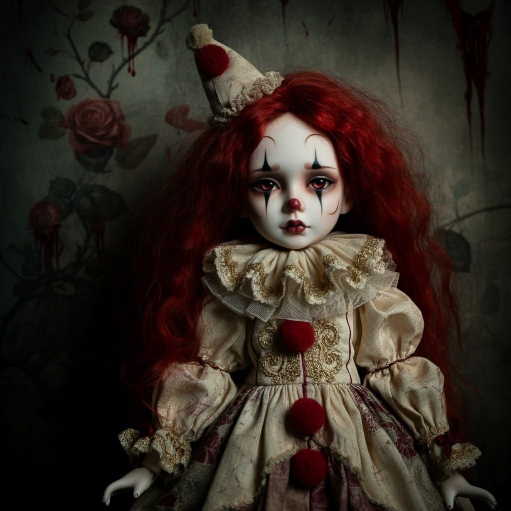 Creepy Clown Doll in Gothic Floral Mural