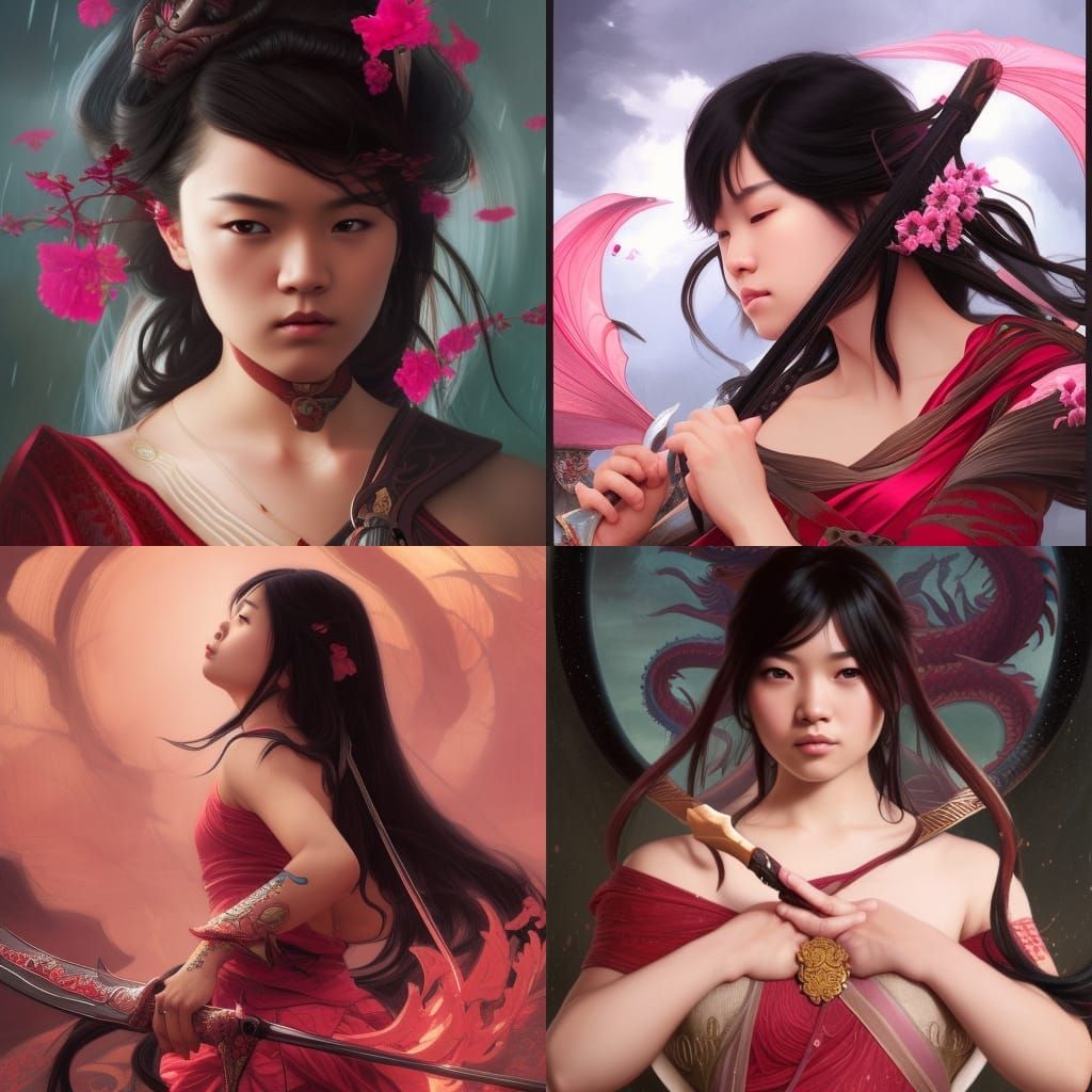 Asian Girl with Sword, Dragons and Pink Flowers