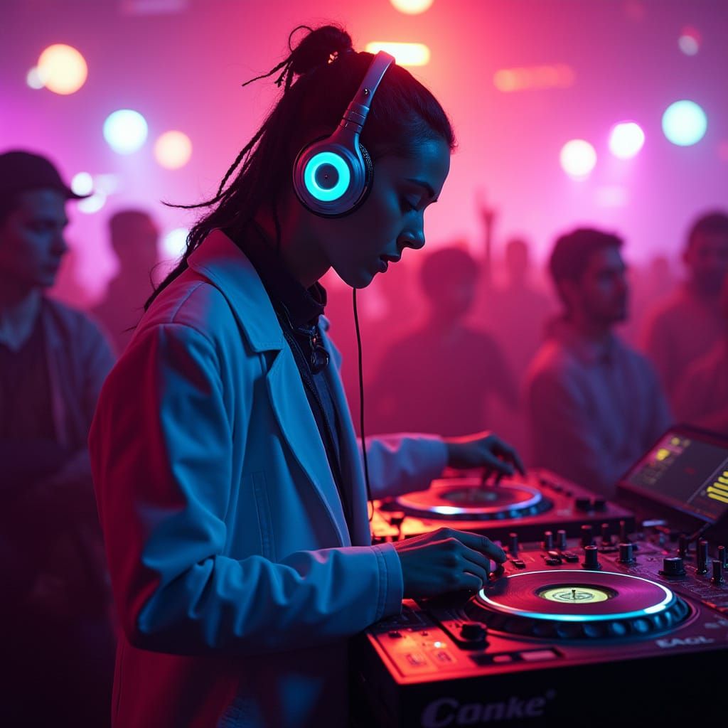 Futuristic DJ in Neon Nightclub, in Syd Mead Style