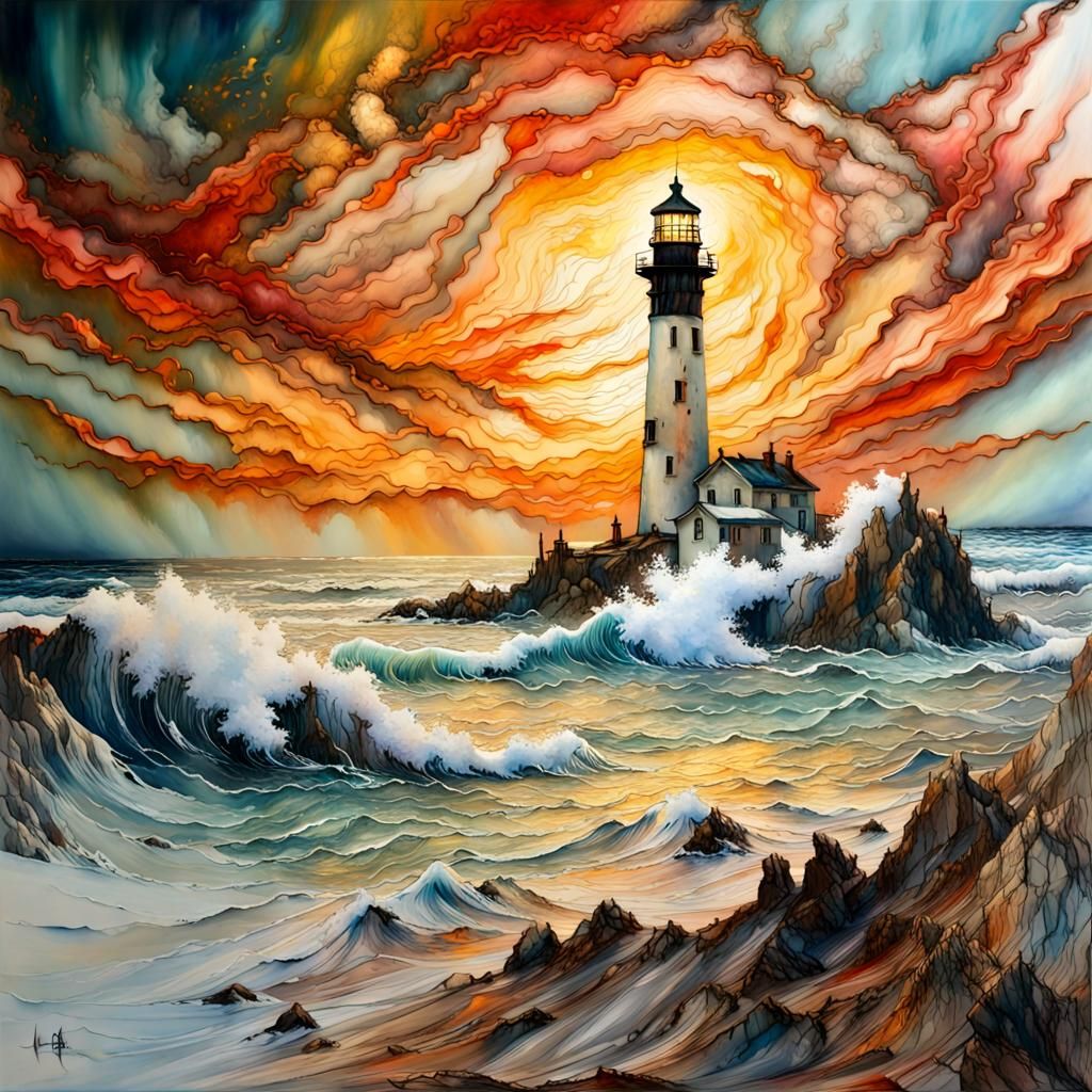 Lighthouse Sunset in Encaustic Suminagashi Style