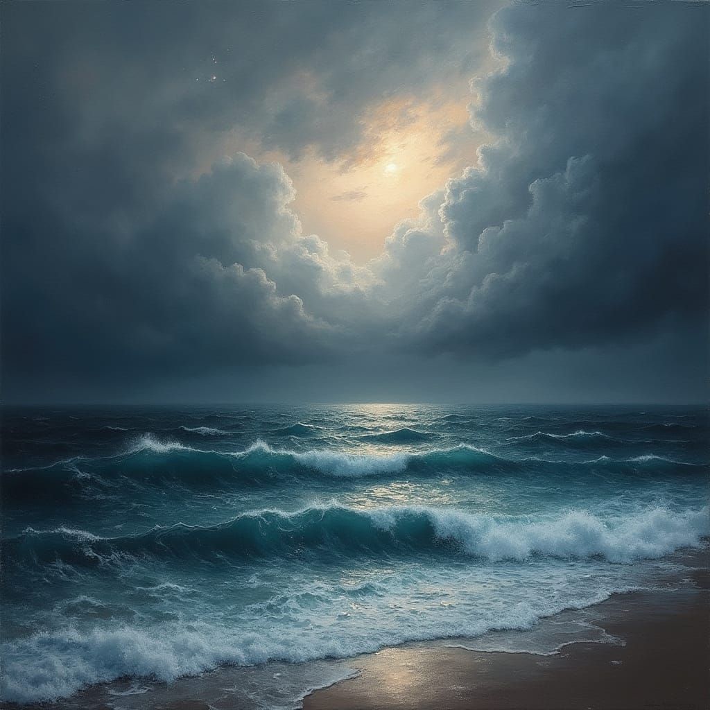 Stormy Ocean Horizon with Lightning, Impressionistic Style