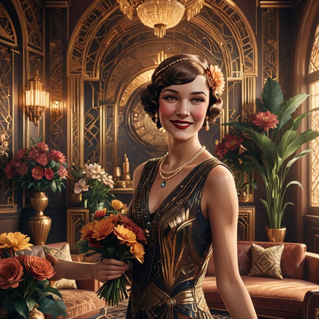Smiling Woman with Flowers in Art Deco Interior