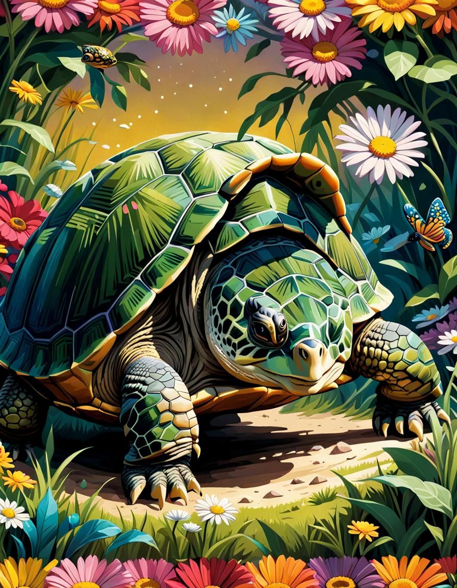 Turtle with Daisy Crown in Comic Book Style
