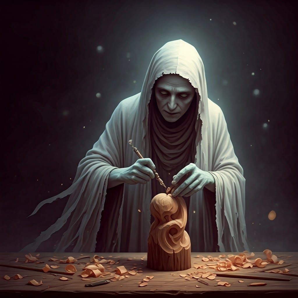 Ethereal Ghost Carving Sculpture in Dreamy Mist