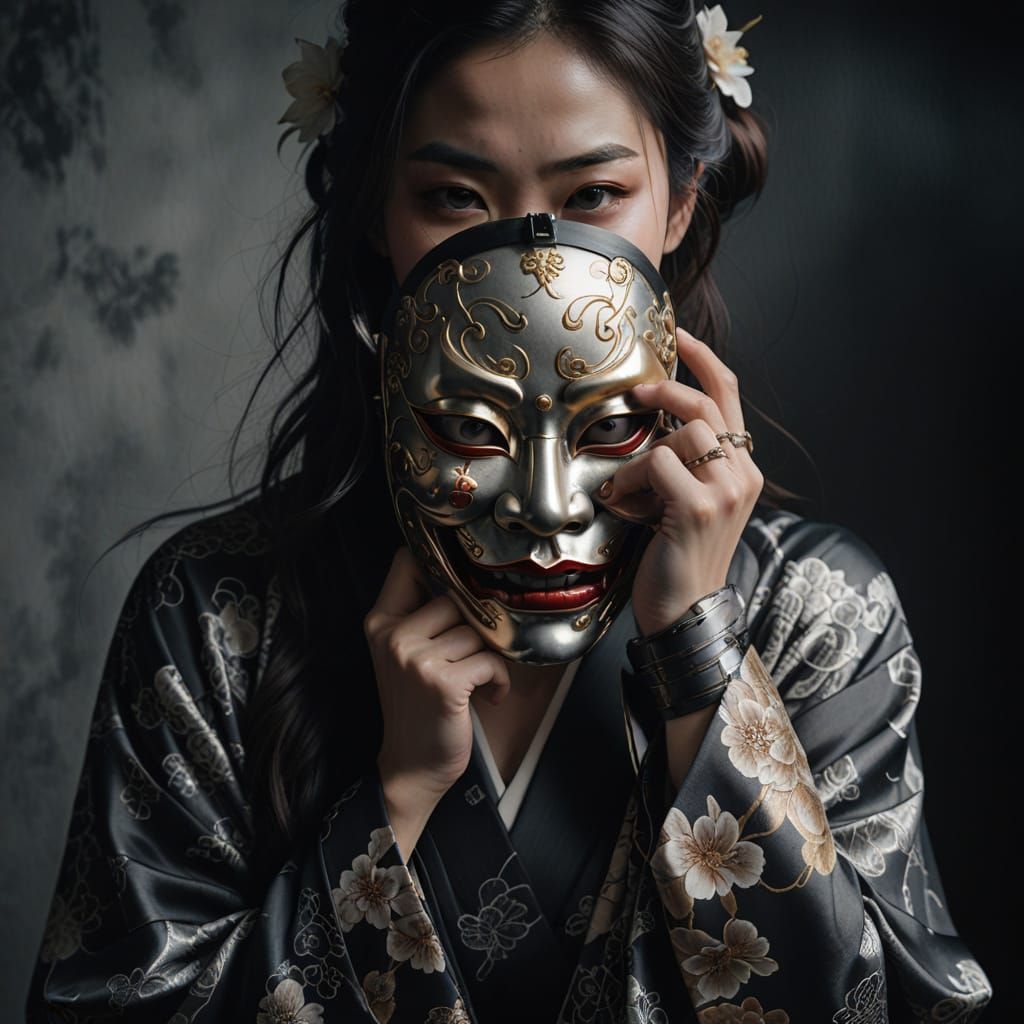 Woman with Hannya Mask in Hyper-realistic Digital Art
