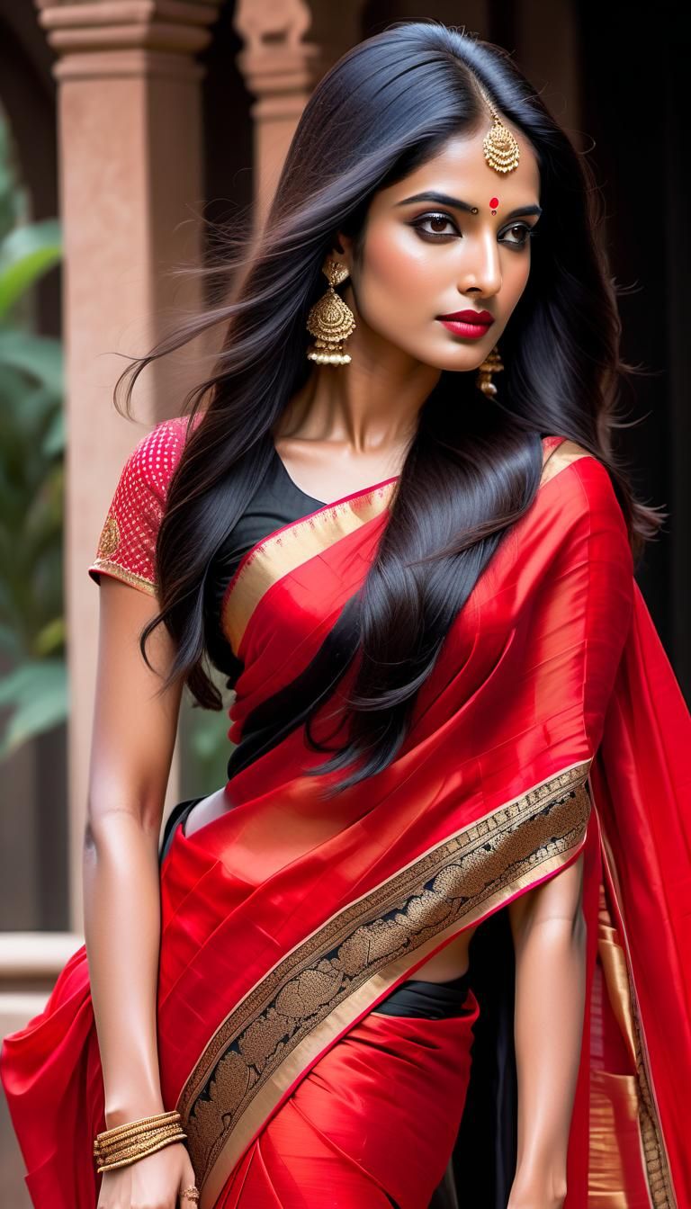 Young Woman in Red Saree, 8K High Resolution