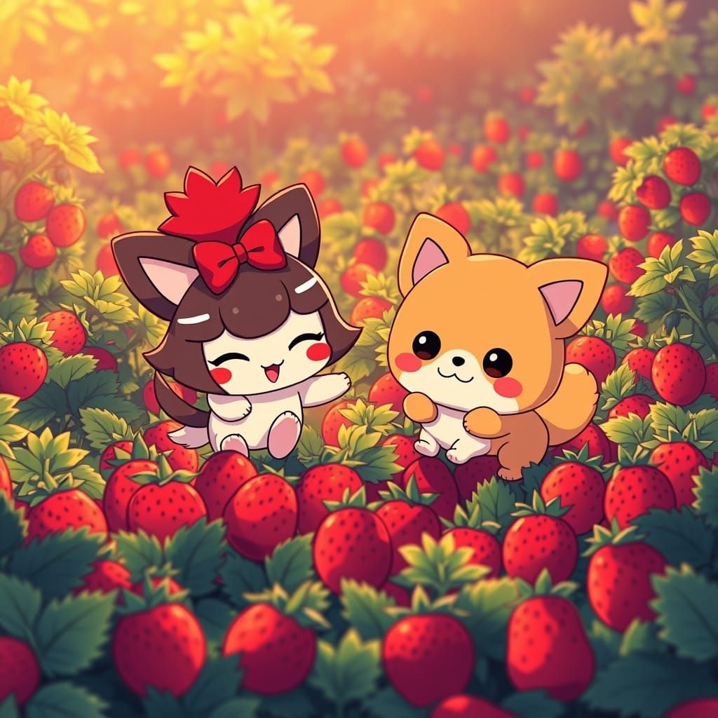 Cinamoroll and Poochachoo in a Vibrant Strawberry Field Anim...