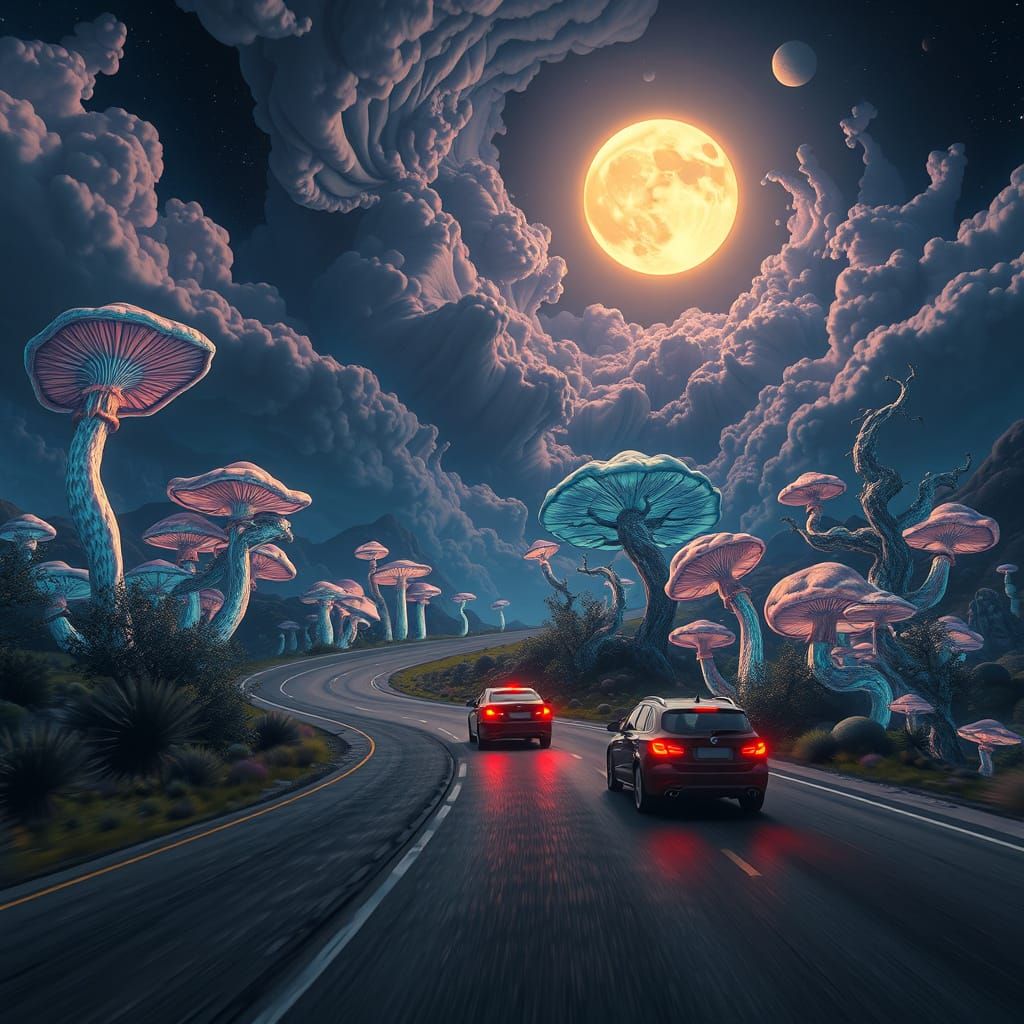 Moonlit Highway in a Surreal Dreamscape