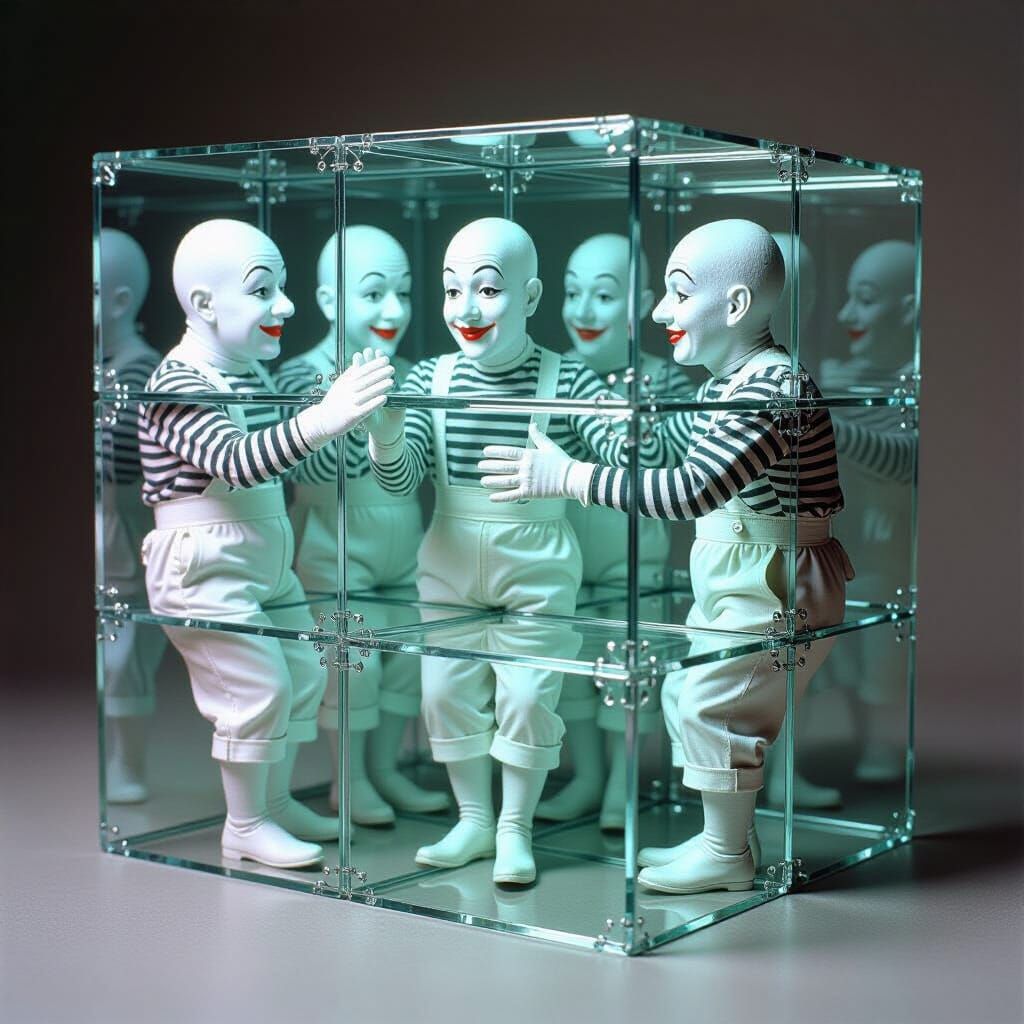 Dwarf Mimes Trapped in Glass Cubes Wall