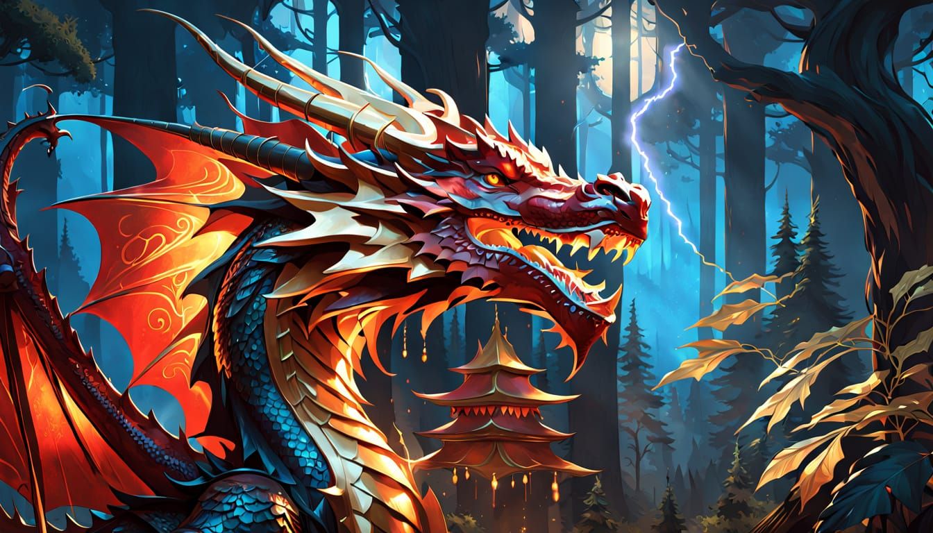 Red Dragon Shelters in Dark Forest: Fantasy Art