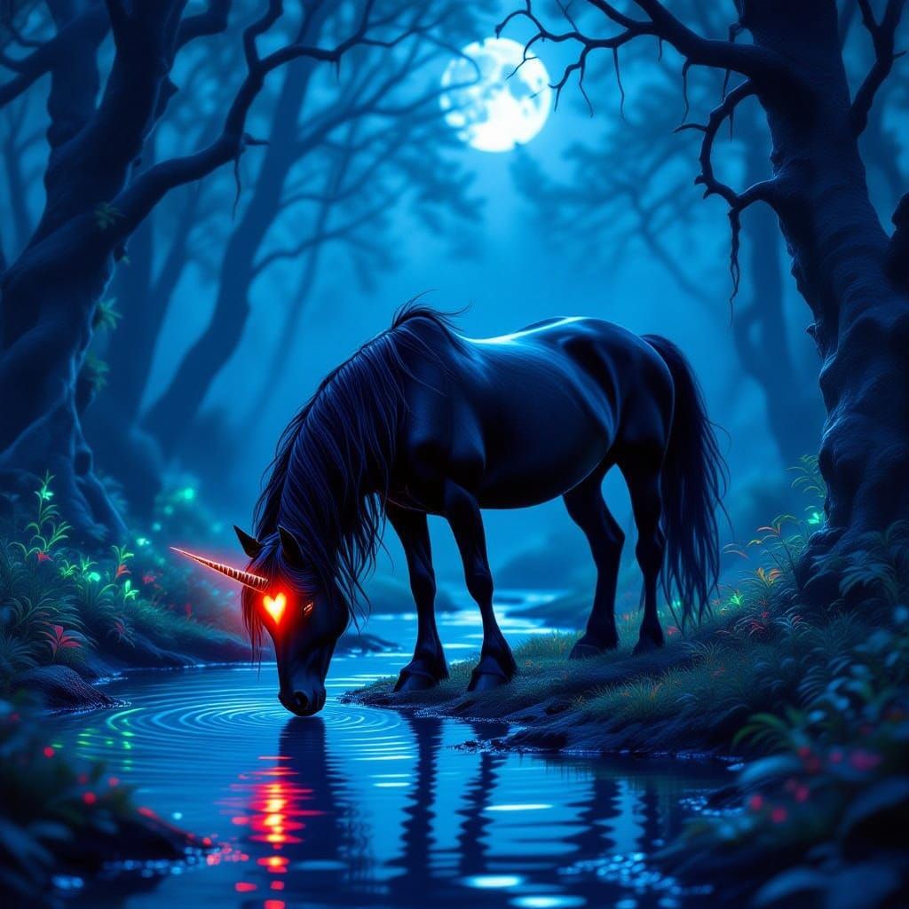 Obsidian Unicorn in Moonlit Enchanted Forest