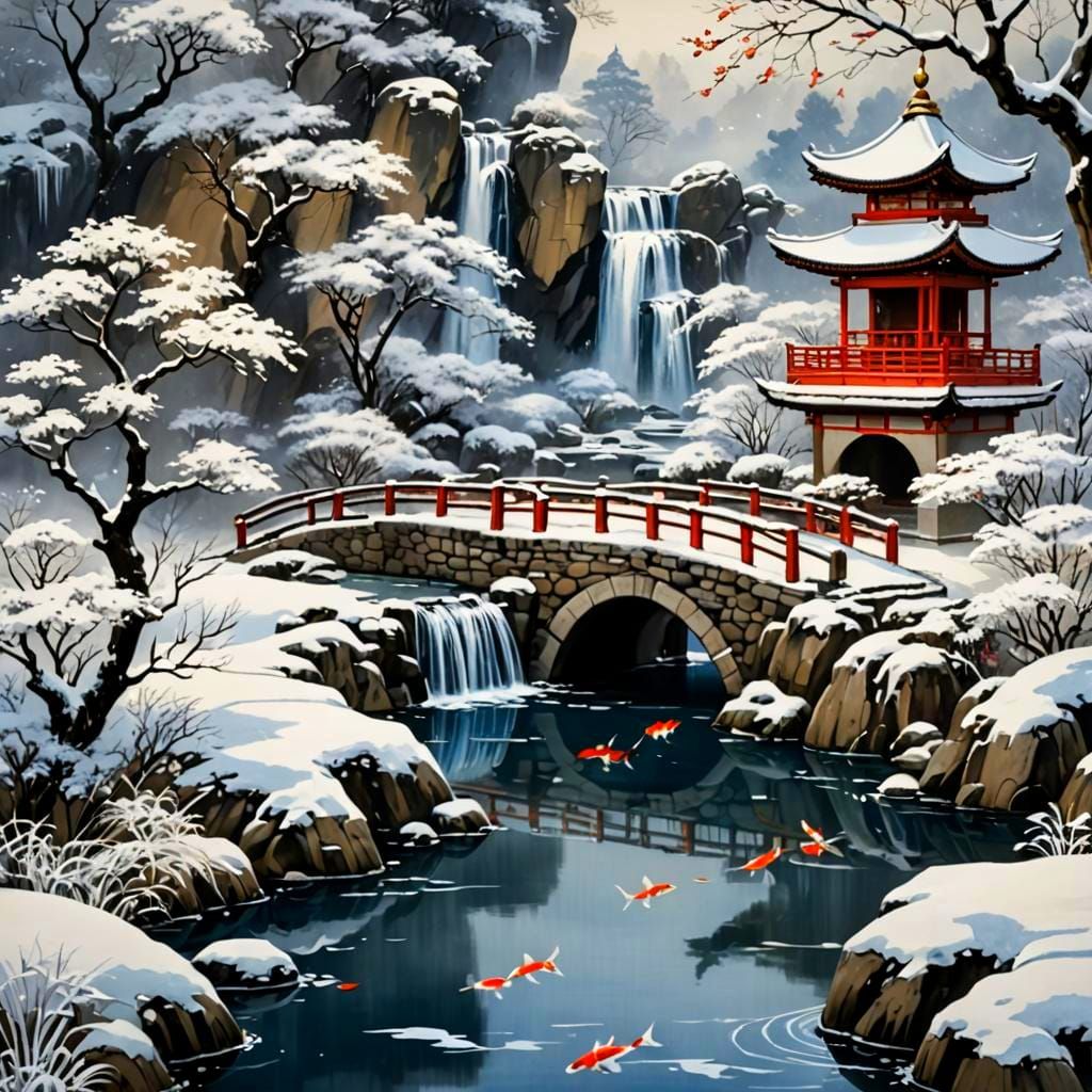 Winter Garden in Kintsugi Teacup, Kuwashii Ink Painting