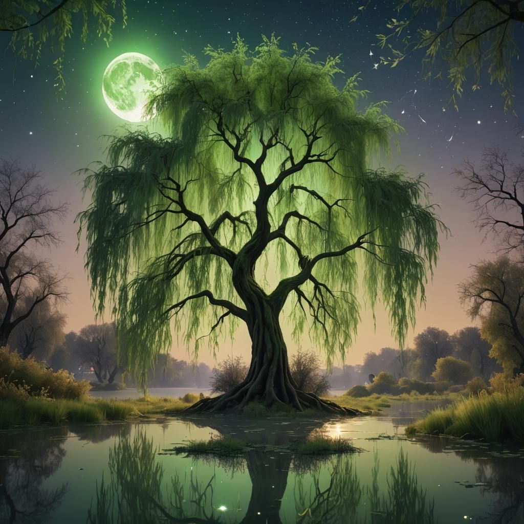 Majestic Weeping Willow Under Starry Sky: Digital Matte Pain...