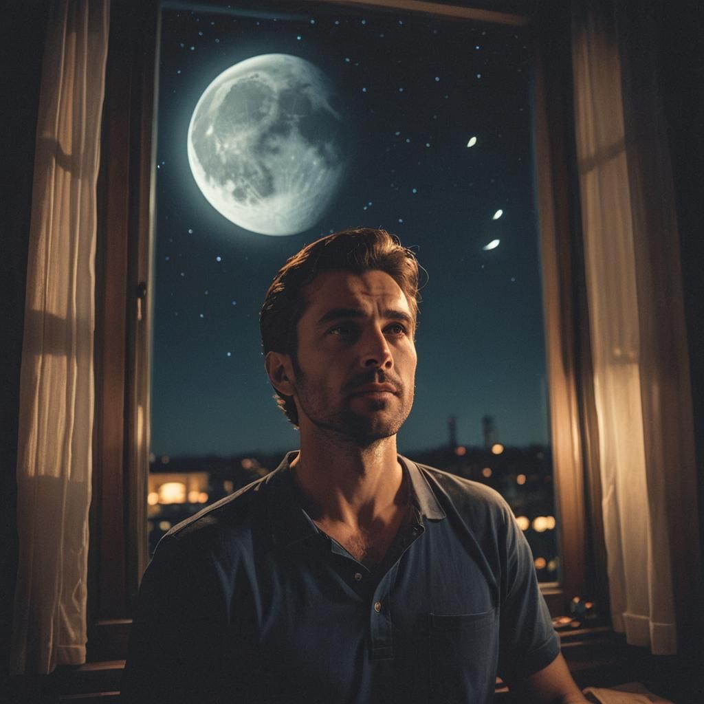 Man Gazing at Moon: Hyperrealistic Cinematic Portrait