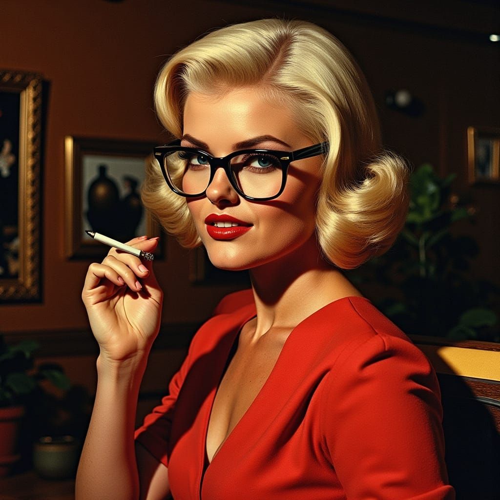 1950s Comics Style Blonde Woman Smirking with Cigarette
