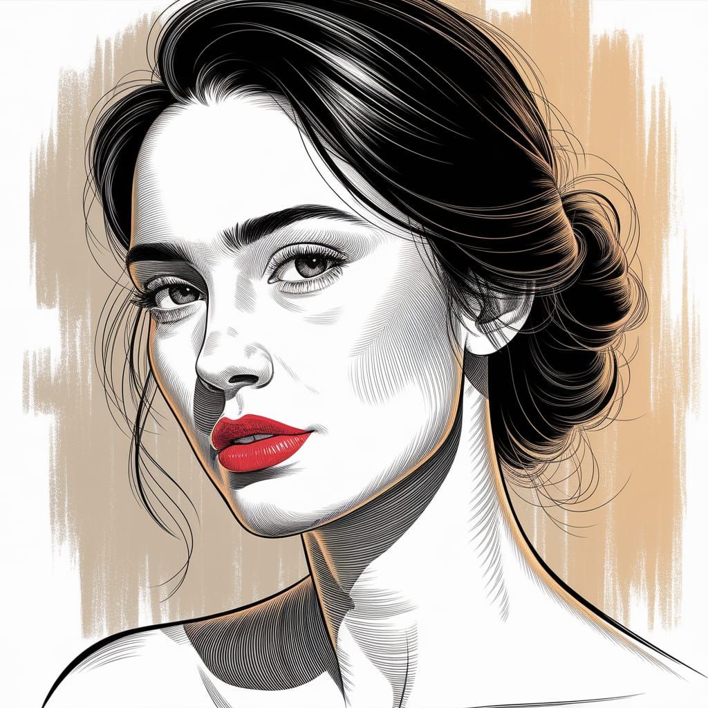 Serene Portrait of a Beautiful Woman in Black Ink with Vibra...