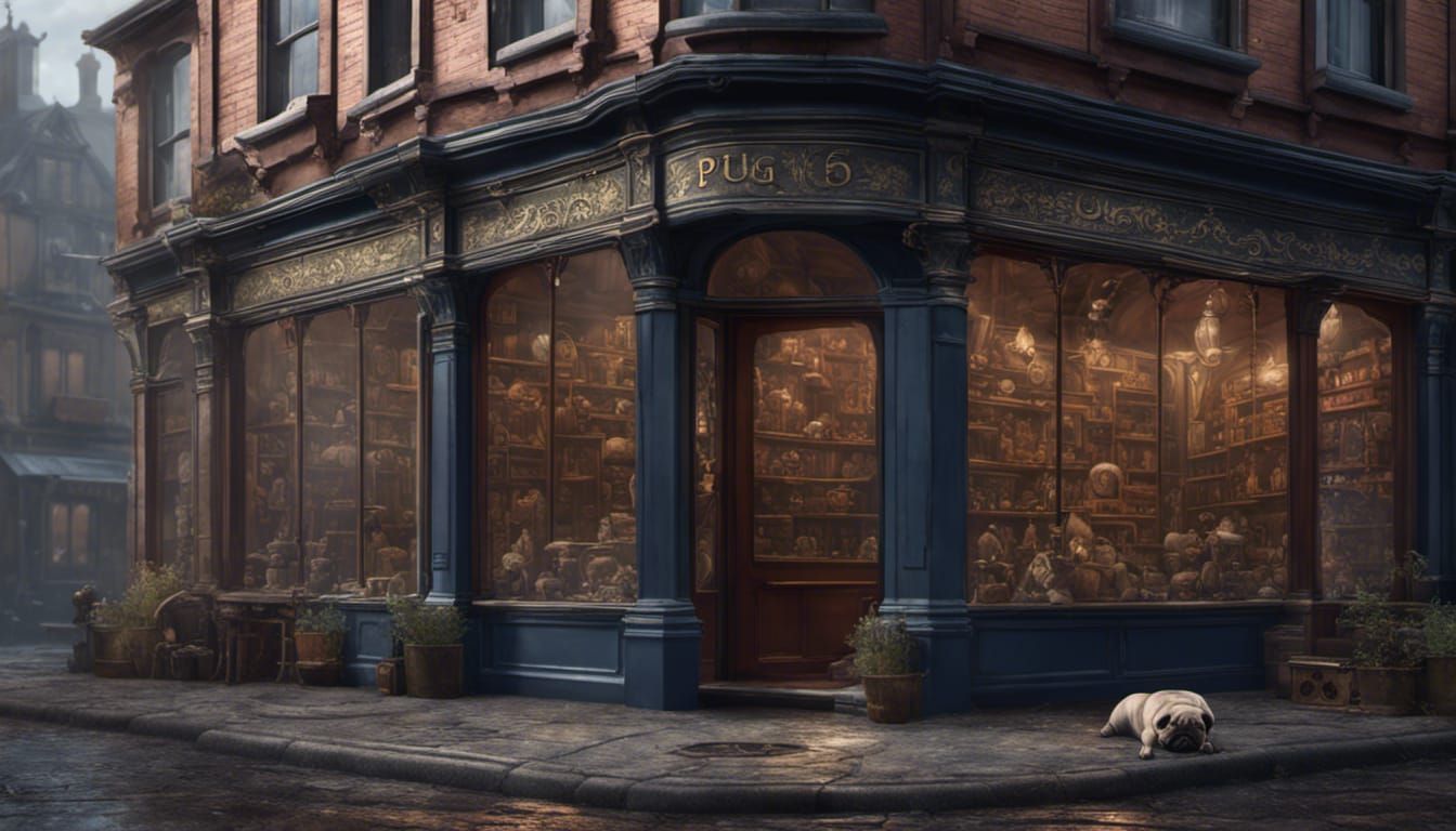 Pug in Victorian Shop: Detailed Fantasy Art