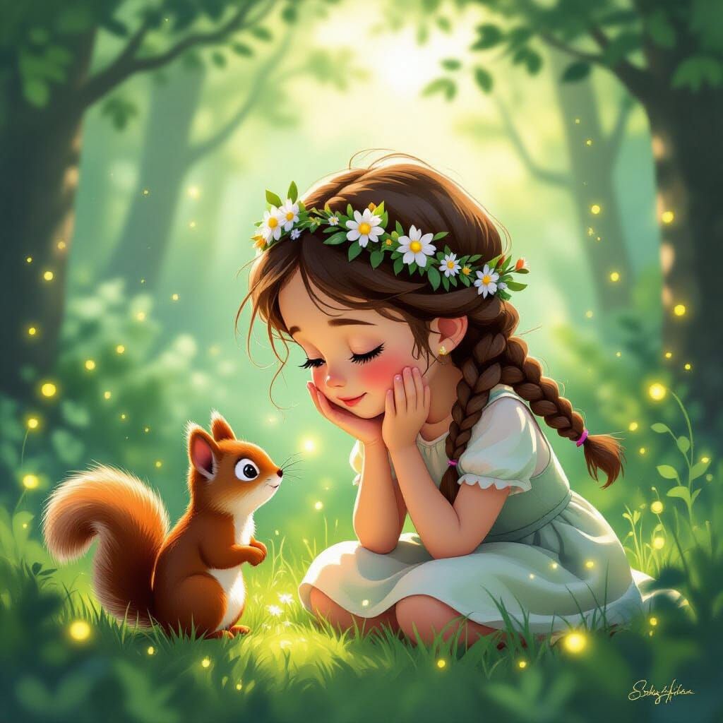 Enchanted Forest: Girl Whispering to Squirrel