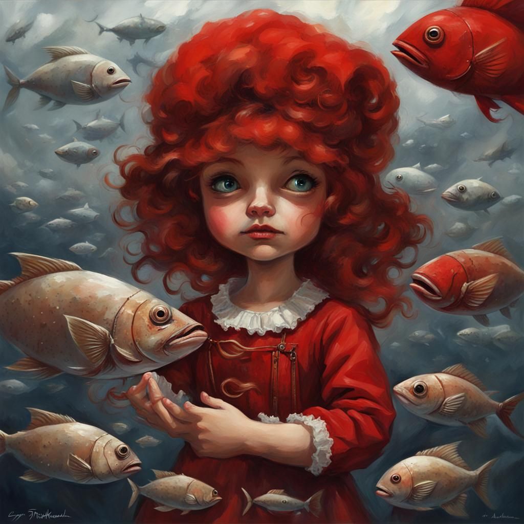Little red doll smiling at fish
