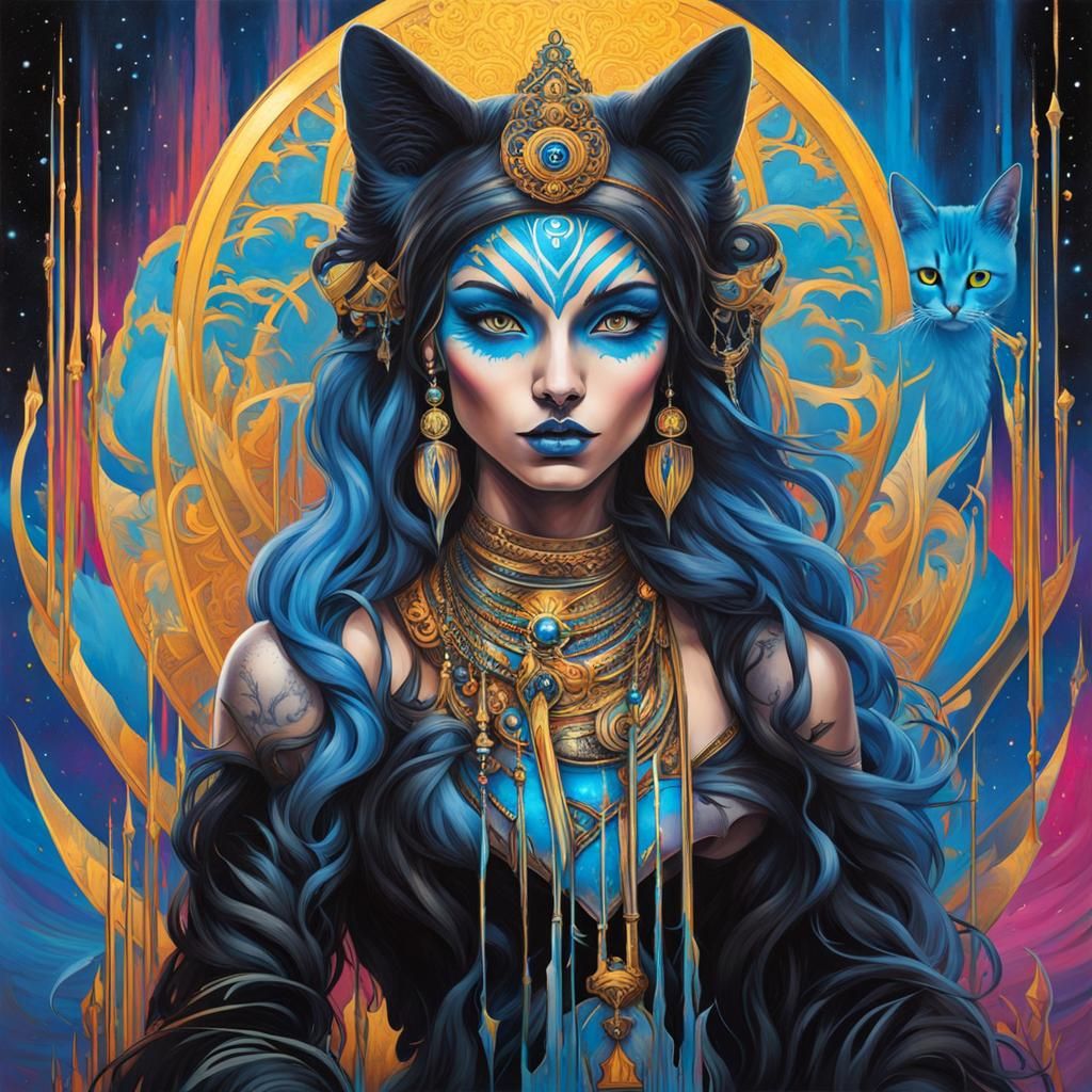 Cat Goddess Graffiti Art in Blue and Black