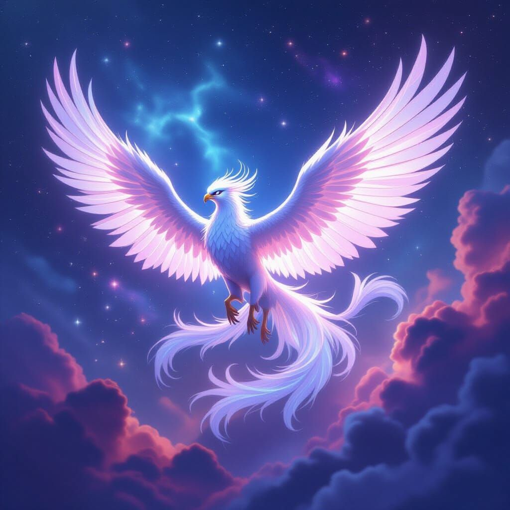 Bioluminescent Griffin Soaring Through Nebula: Anime Art